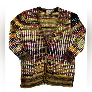 Worthington Multicolor Knit Cardigan Sweater Button Front Plaid Boho Large